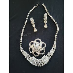 Vintage Silver Tone Rhinestone Baggette Necklace Brooch Earrings Set REPAIR
